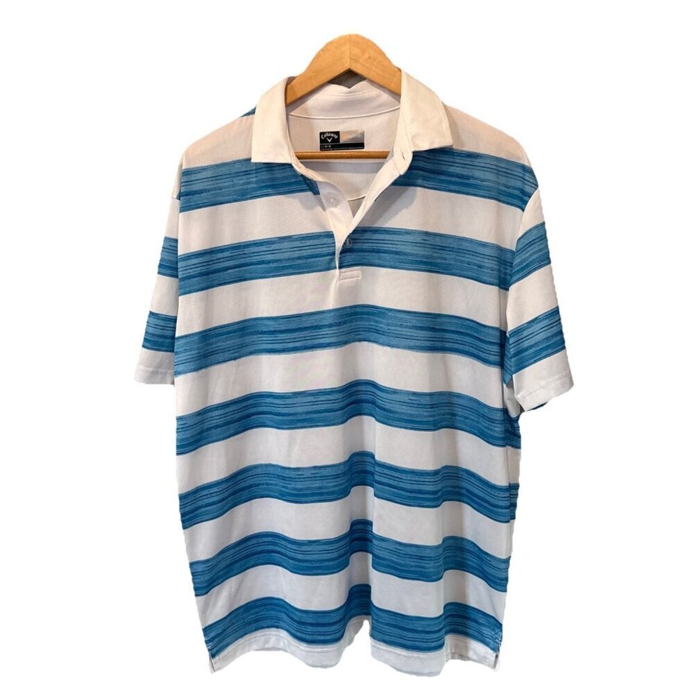 Callaway Opti-Dri Golf Polo Blue White Striped Short Sleeve Size Large
